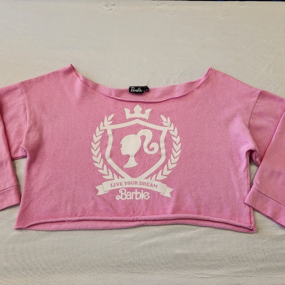Mattel Womens Barbie Pink Off-Shoulder Cropped Oversized Sweatshirt Top sz MD - Picture 3 of 14